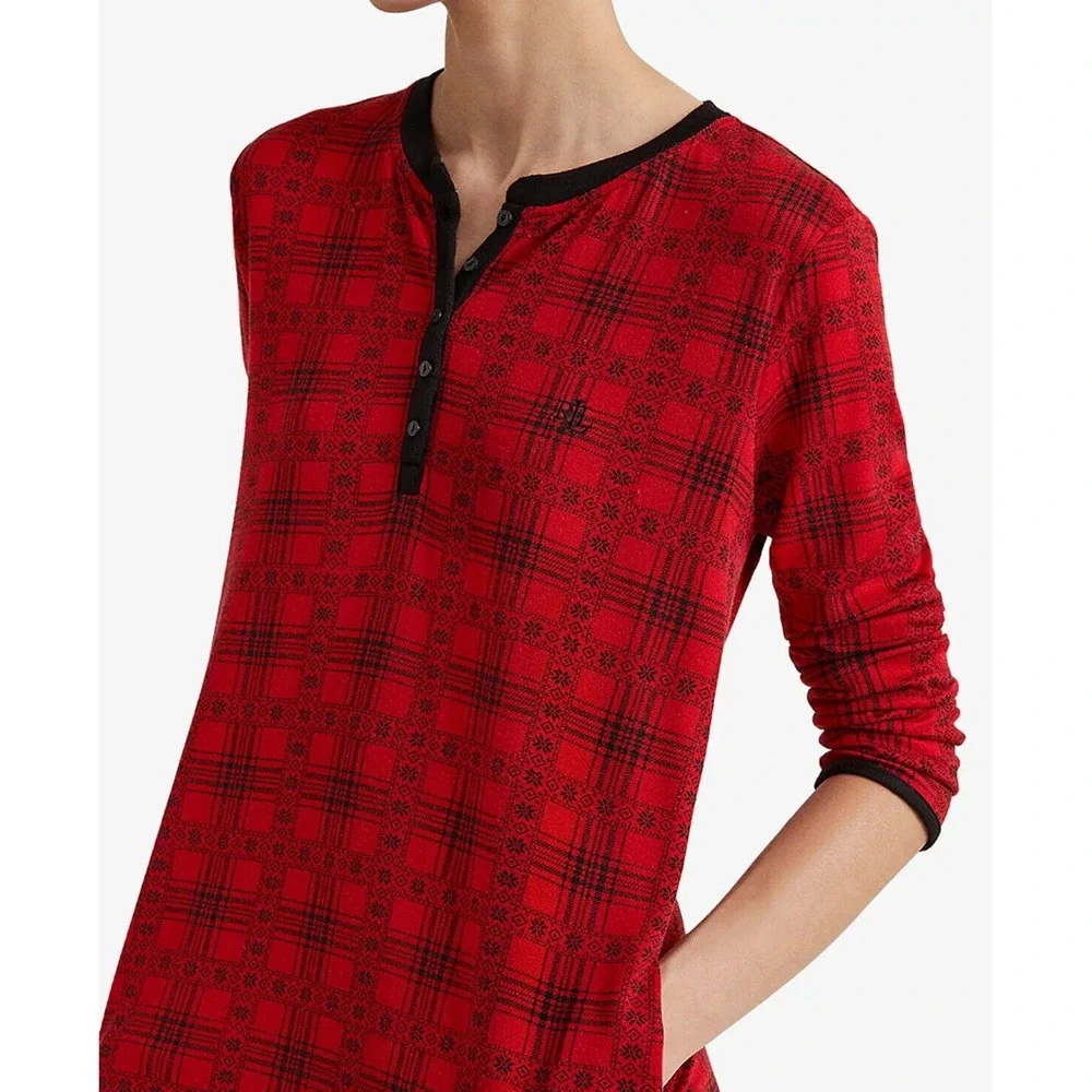 LAUREN RALPH LAUREN Women's Printed Henley Sleepshirt Red‎ black Size XL